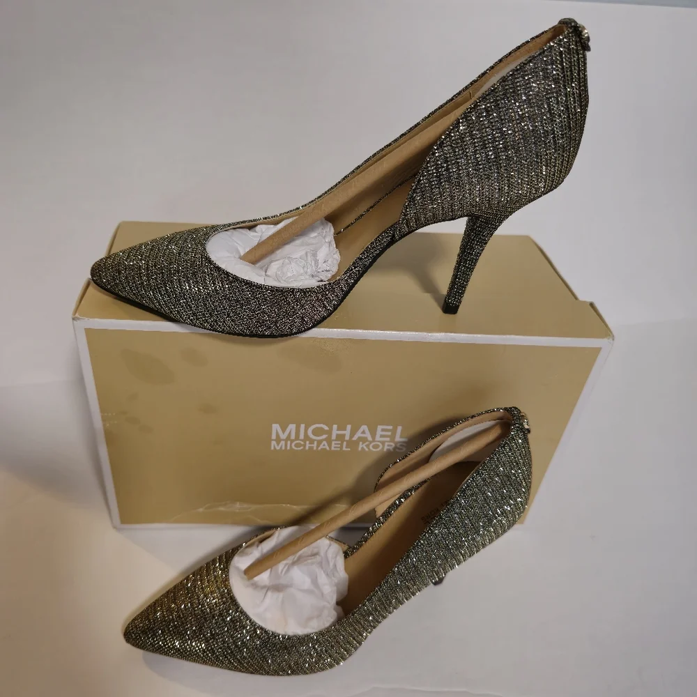 New Michael Kors Nathalie Flex High Pump Black Gold Glitter Mesh, Size 7.5M - Picture 12 of 17